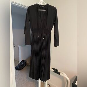Zara Black Pleated Sheath Dress V-Neck Long Sleeve